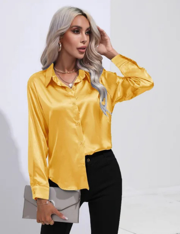 Yellow Women’s Relaxed Button-Up Blouse on the model