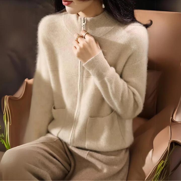 Zip up Women's Cardigan with Pockets - High Neckline