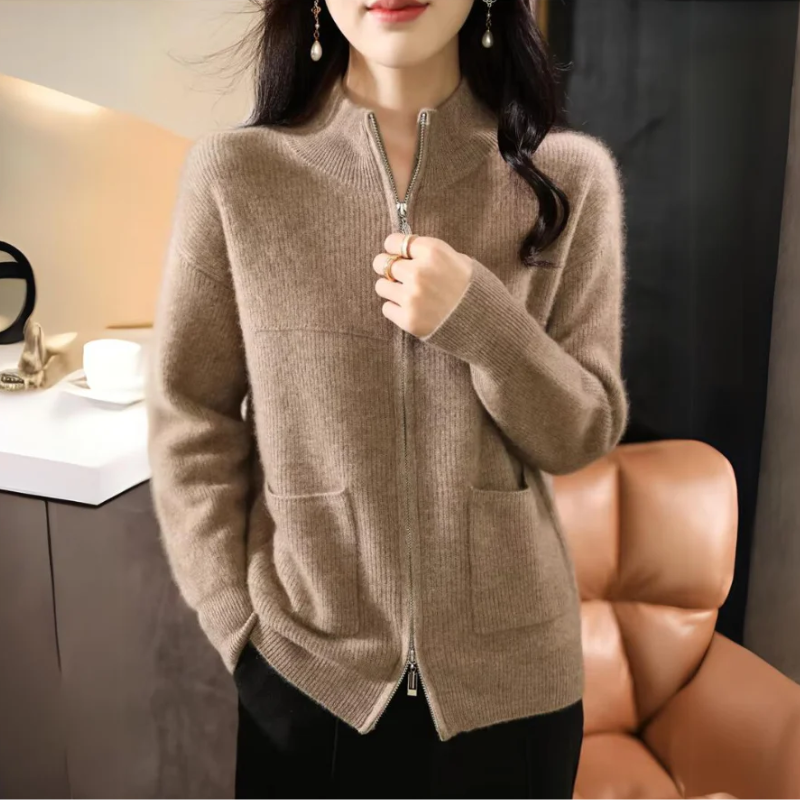 Zip up Women's Cardigan with Pockets - High Neckline